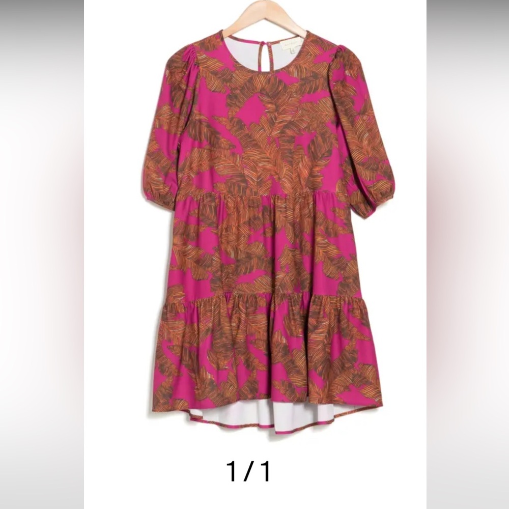 MELLODAY Pink and Rust Leaf Pattern Puff sleeve baby doll dress
